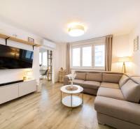 Living room in a two-room apartment with a comfortable sofa and a wooden decor floor.