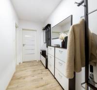 A hallway in a 2-room apartment with a wooden decor floor, a shoe cabinet, and a coat rack.