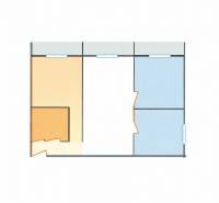 Color floor plan of a 3-room apartment with various rooms and entrances.