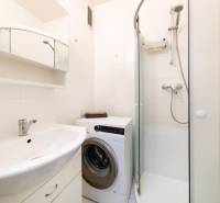 A bathroom with a shower and a washing machine in a 3-room apartment.