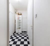 A narrow hallway with a black-and-white floor in a 3-room apartment with storage space.