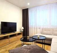 Living room in a three-room apartment with a sofa, television, and a coffee table on a floor with a wooden decor.