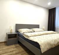 Bedroom with a bed, nightstand, and wooden decor flooring in a 3-room apartment.