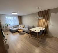 Living room of a 4-room apartment with wood-patterned flooring, a gray sofa, and a dining table.