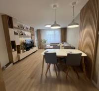 Living room in a 4-room apartment with a sofa, TV, dining table, and wooden decor flooring.