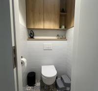 A bathroom in a 4-room apartment with colorful tiles and wooden cabinets on the walls.