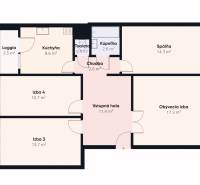 Floor plan of a 4-room apartment with a kitchen, bathroom, and loggia, suitable for a family.