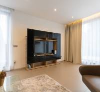 Living room in a two-room apartment with light curtains and a TV wall.