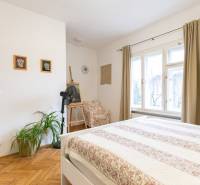 A bright bedroom with wood-patterned flooring, plants, and large windows in a two-room apartment.