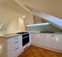 A bright kitchen with a skylight, a corner countertop, and ceramic tiles in a two-room apartment.
