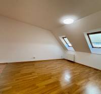 Attic room with wood-decor flooring and skylights in a 2-room apartment.