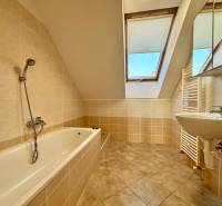 Bathroom in a 2-room apartment with a bathtub and a skylight.