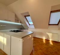 A kitchen in a 2-room apartment with a cooktop and skylights.