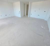 Spacious unfinished room in a Recreational Apartment with white walls and concrete floor.