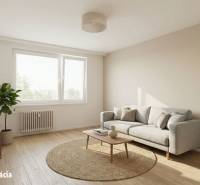 Living room in a one-room apartment with a sofa, wooden floor decor, and a large window.