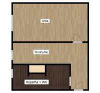 The floor plan of a one-room apartment includes a room, a kitchen, and a bathroom with a toilet.