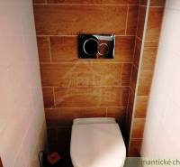 A toilet with wood-effect tiles in a family house.