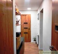A hallway with wooden doors and a floor with a wooden decor in a family house.