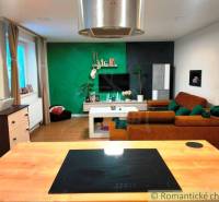 Interior of a family house with wooden floor decor, a brown sofa, and a green wall.