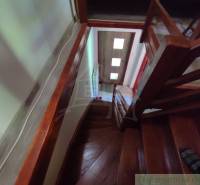 A staircase in a family house with a wooden decor and doors with glazing.