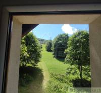 The view from the window of a family house in Mojtín onto green meadows and trees.