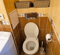 Toilet with tiles and a washing machine in a 3-room apartment, floor with wood decor.