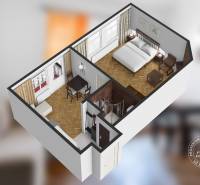 Floor plan of a 2-room apartment with wood-patterned flooring, a bed, and a table.