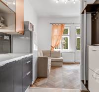 Kitchen with a refrigerator and a sofa in a 2-room apartment, floor with wood decor.