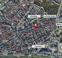 An aerial view of Bratislava shows the historic pedestrian zone, Eurovea, and Nivy Center.