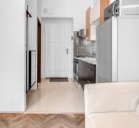 Interior of a 2-room apartment with a kitchen, wooden decor flooring, and built-in appliances.