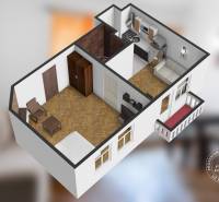 3D floor plan of a 2-room apartment with furnishings and flooring with a wood decor.