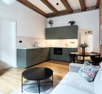 Cozy 2-room apartment with an open kitchen on Vajnorská Street, wooden beams, brick wall.