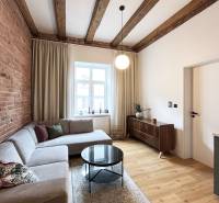 Bright living room with a brick wall and a sofa, on Vajnorská street in a 2-room apartment.