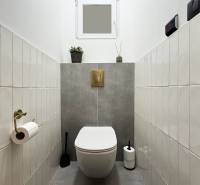 Bathroom with toilet, white and gray tiles, light saturation, subtle details on Vajnorská street.