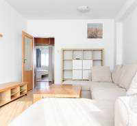 Living room, 3-room apartment with wood-patterned flooring, sofa, and TV on a stand.