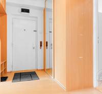 Entrance hallway in a 3-room apartment with wood-patterned flooring and built-in wardrobes.