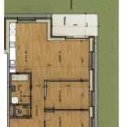 Floor plan of a 3-room apartment with a terrace and flooring with a wooden decor.