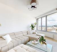 Bright living room in a 3-room apartment with a sofa and a view of Bratislava - Old Town.