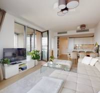 Living room of a three-room apartment with a sofa, TV, light curtains, and wood-patterned flooring.
