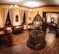 Hotel and guesthouse restaurant with a fireplace and a wooden decor floor.