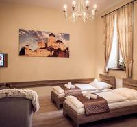 A room in hotels and guesthouses with a lamp, a bed, and a picture of a castle.