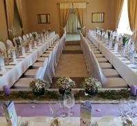 Banquet room in hotels and guesthouses with elegant dining and floral decorations.