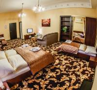 A hotel room with a carpet, bed, sofa, and television. Hotels and guesthouses.