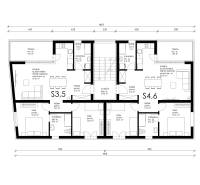 Floor plan of a pair of 3-room apartments with wood-patterned flooring and terraces.