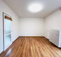 A room in a 2-room apartment with a wooden decor floor and a radiator.