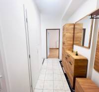 A hallway in a 2-room apartment with tiled flooring and wooden decor furniture.