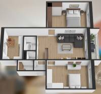 3-room apartment with wood-patterned flooring, spacious living room, two bedrooms.