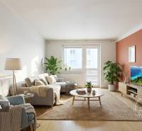 Living room in a 3-room apartment with comfortable furniture and plants on the floor with wooden decor.