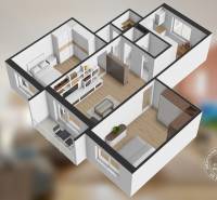 The floor plan shows a 3-room apartment with wood-patterned flooring and a balcony.