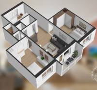 3D floor plan of a 3-room apartment with a wooden decor floor and comfortable furnishings.